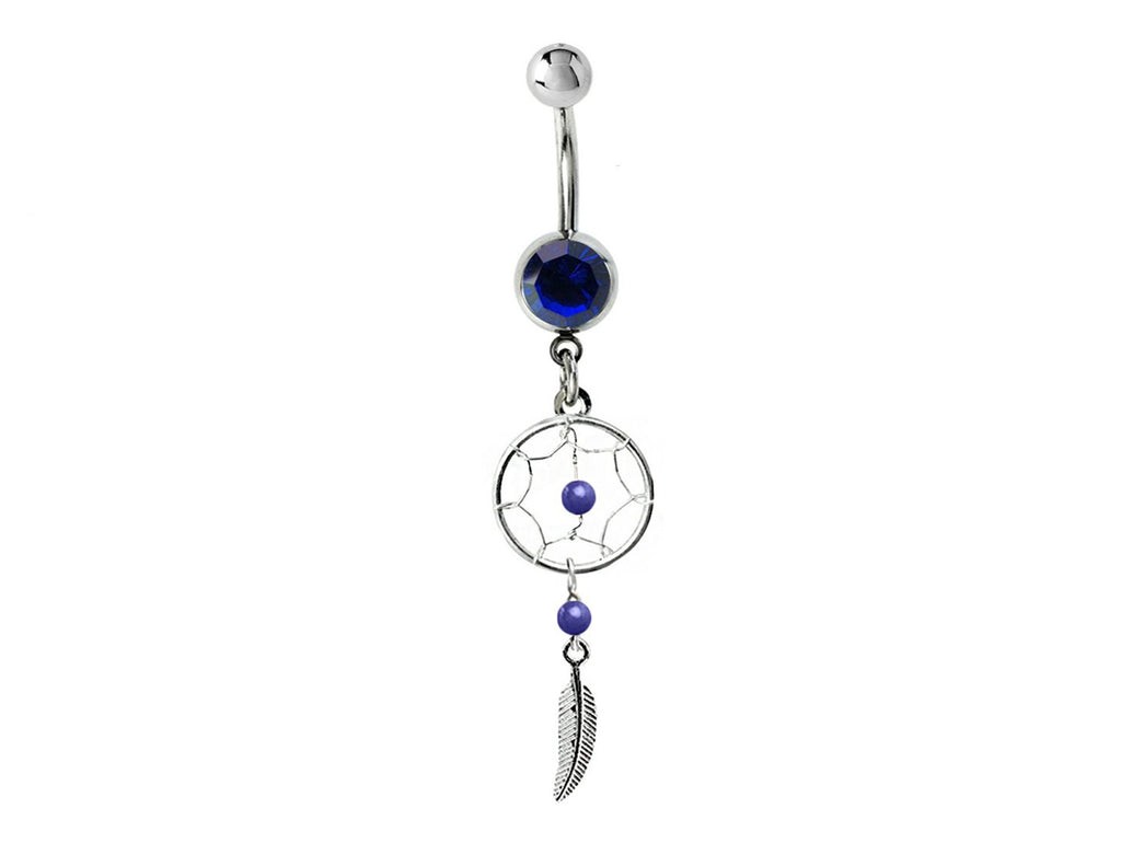 Dreamcatcher Navel Ring: Sterling Silver Dangle Belly Bar with Crystal & Stone Beads (14g)