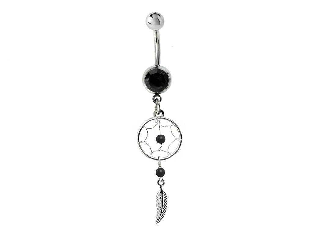 Dreamcatcher Navel Ring: Sterling Silver Dangle Belly Bar with Crystal & Stone Beads (14g)