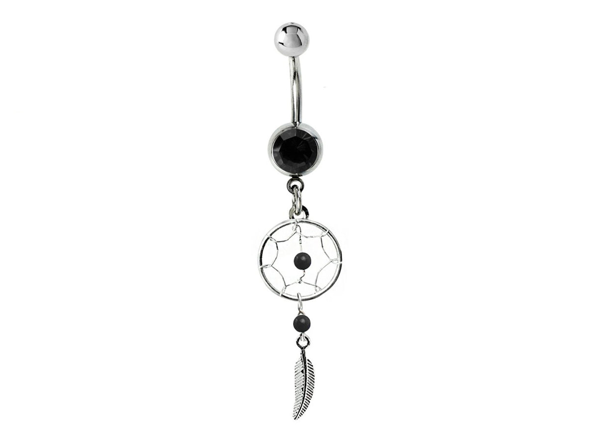 Dreamcatcher Navel Ring: Sterling Silver Dangle Belly Bar with Crystal & Stone Beads (14g)