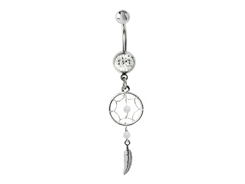 Dreamcatcher Navel Ring: Sterling Silver Dangle Belly Bar with Crystal & Stone Beads (14g)