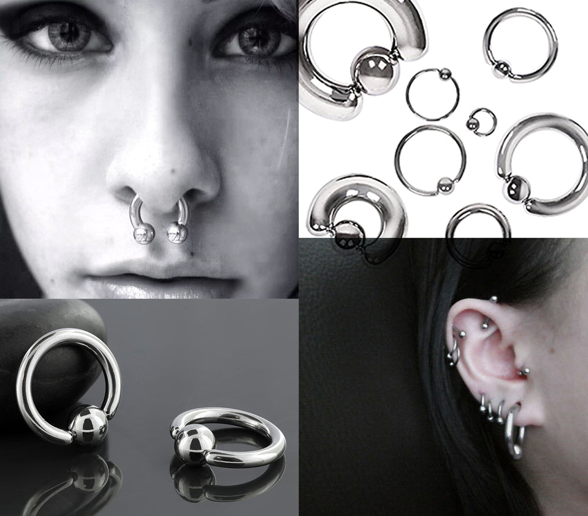 Surgical Steel Captive Bead Ring: Ear, Septum, Lip, Nipple Piercing (18g-0g)