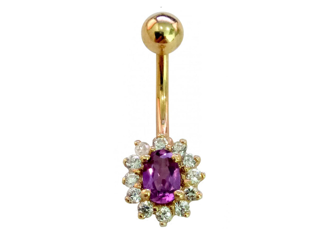 14K Gold Belly Button Ring: Tanzanite Amethyst CZ Navel Piercing
