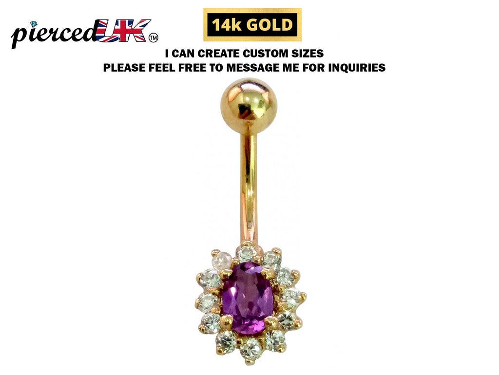 14K Gold Belly Button Ring: Tanzanite Amethyst CZ Navel Piercing