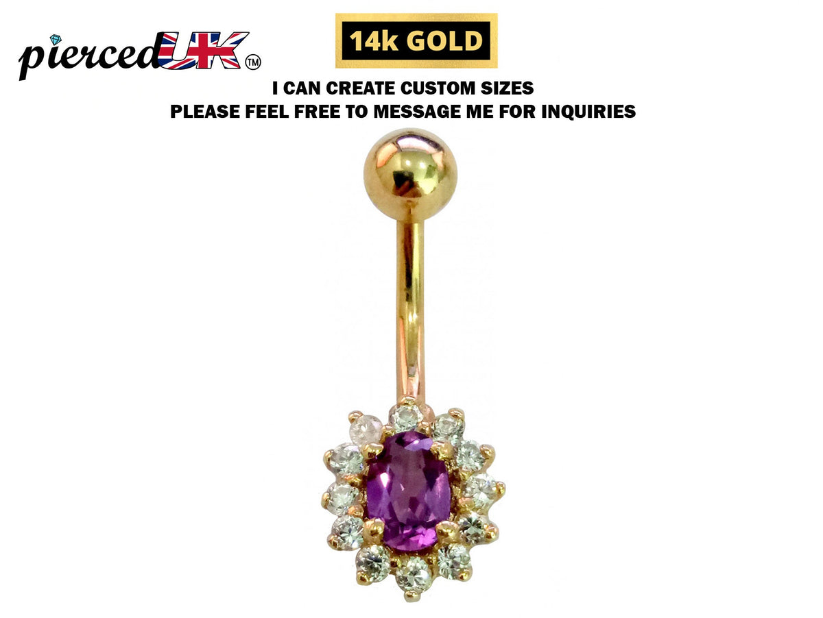 14K Gold Belly Button Ring: Tanzanite Amethyst CZ Navel Piercing