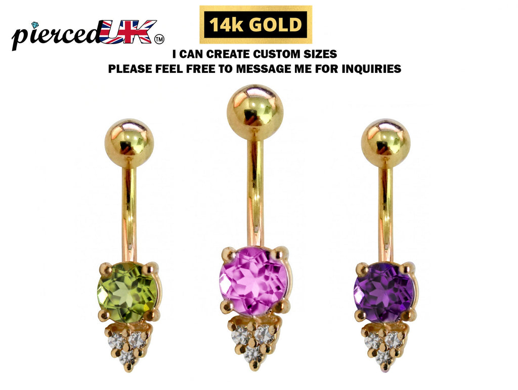 14K Gold Belly Ring: Crystal Navel Bar - 14G, 10mm