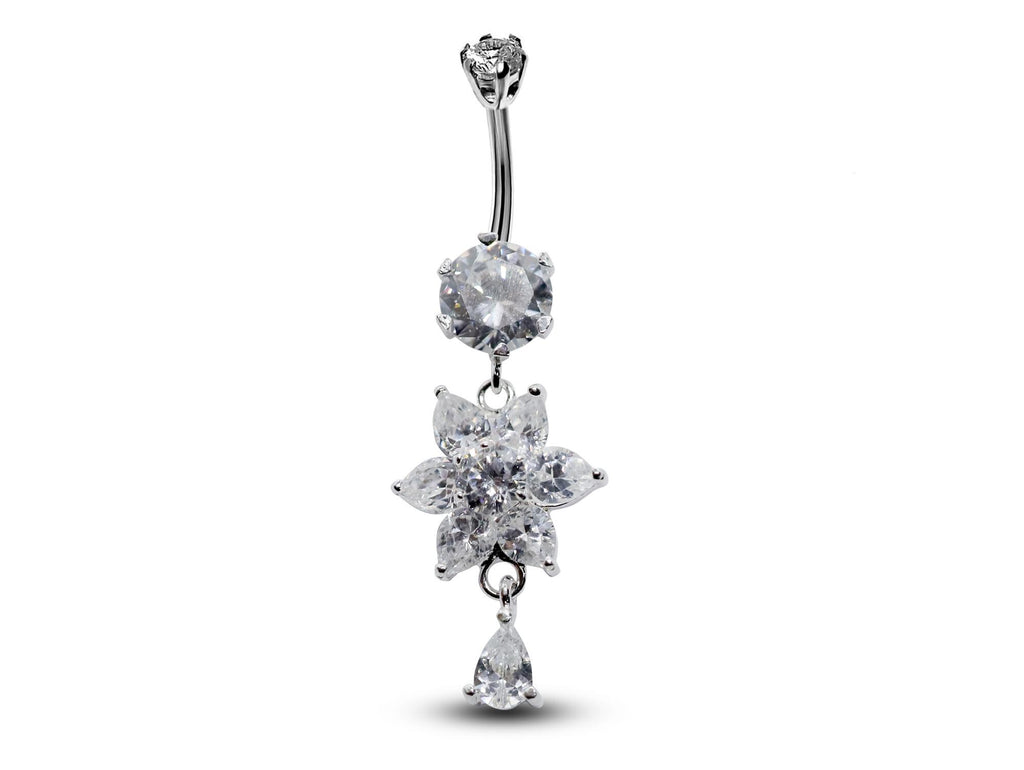 Silver Flower Dangle Belly Ring: CZ Crystal Navel Jewelry (16g/10mm)