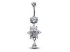 Silver Flower Dangle Belly Ring: CZ Crystal Navel Jewelry (16g/10mm)