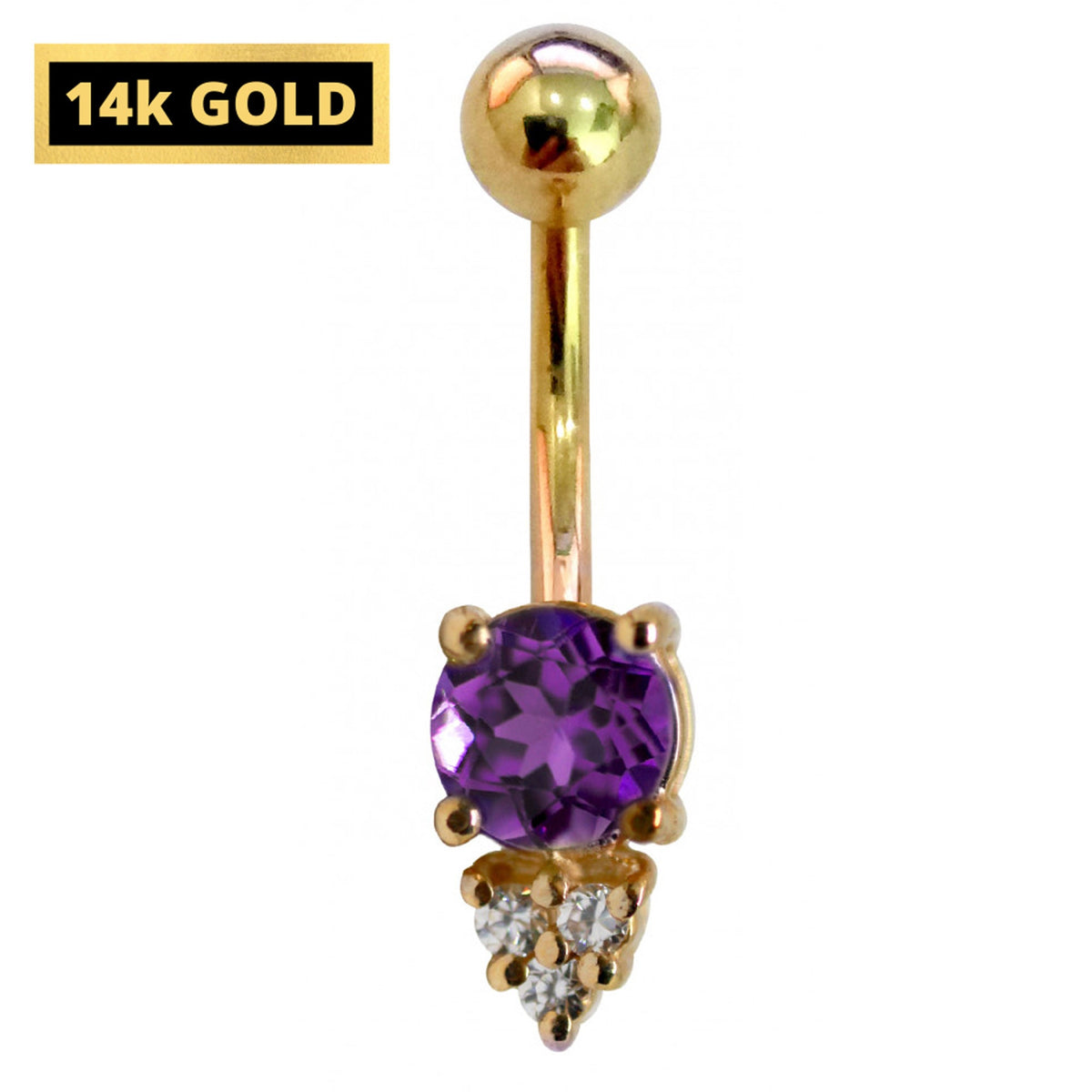 14K Gold Belly Ring: Crystal Navel Bar - 14G, 10mm