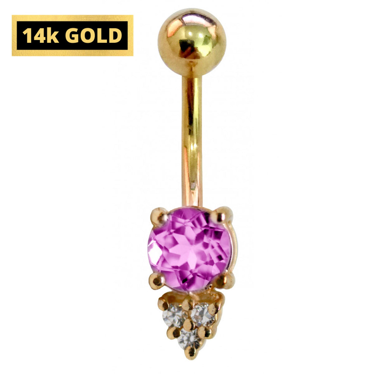 14K Gold Belly Ring: Crystal Navel Bar - 14G, 10mm