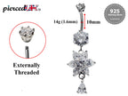 Silver Flower Dangle Belly Ring: CZ Crystal Navel Jewelry (16g/10mm)