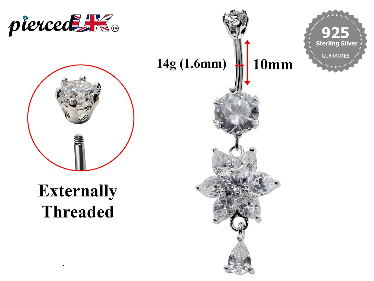 Silver Flower Dangle Belly Ring: CZ Crystal Navel Jewelry (16g/10mm)