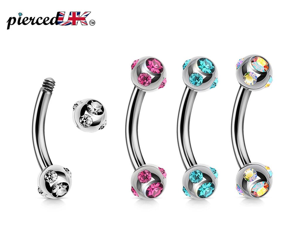 Multi-Stone Surgical Steel Curved Barbell: Eyebrow, Daith, Helix Piercing (18g-14g)