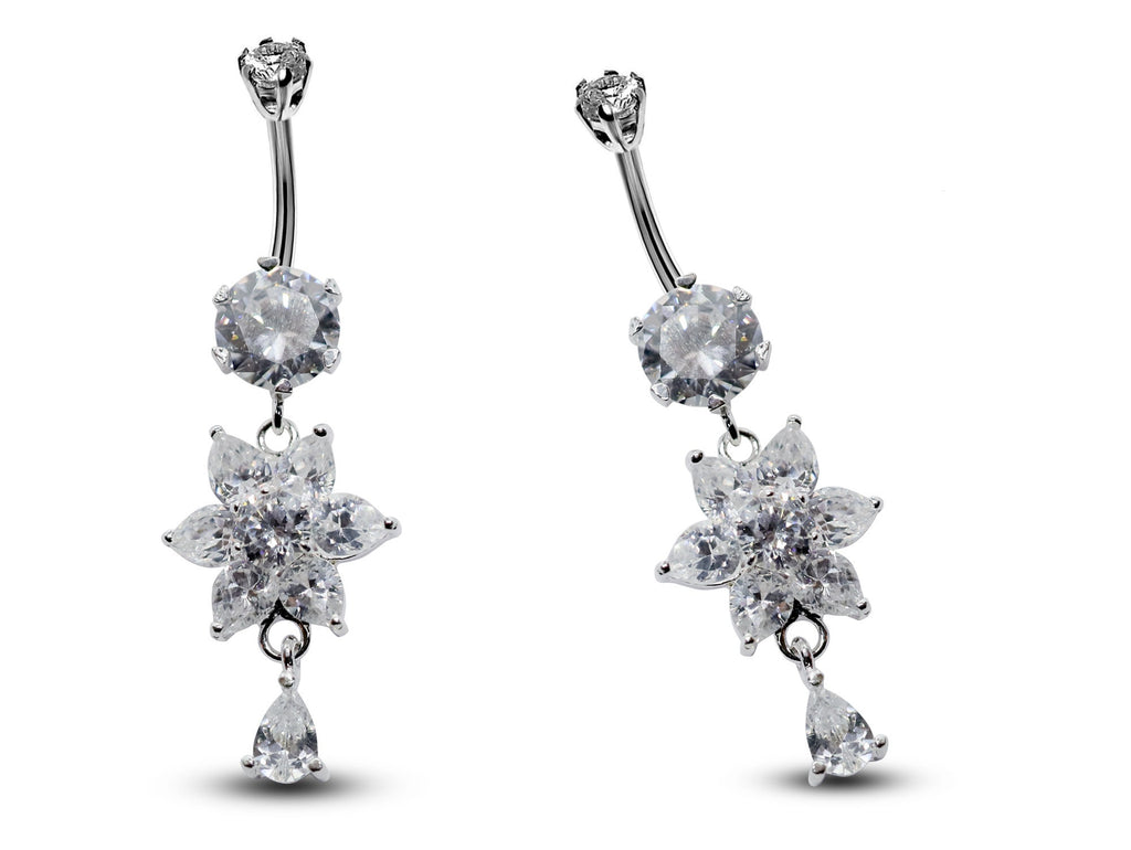 Silver Flower Dangle Belly Ring: CZ Crystal Navel Jewelry (16g/10mm)