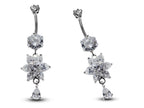 Silver Flower Dangle Belly Ring: CZ Crystal Navel Jewelry (16g/10mm)