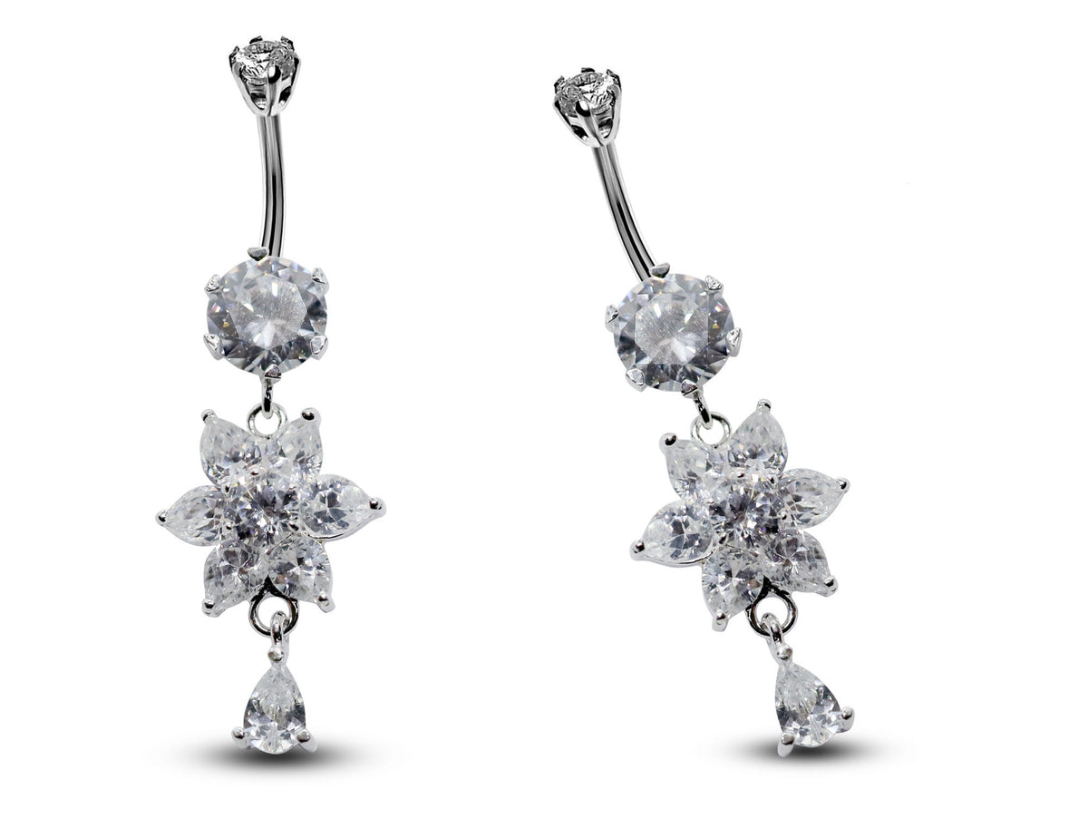 Silver Flower Dangle Belly Ring: CZ Crystal Navel Jewelry (16g/10mm)