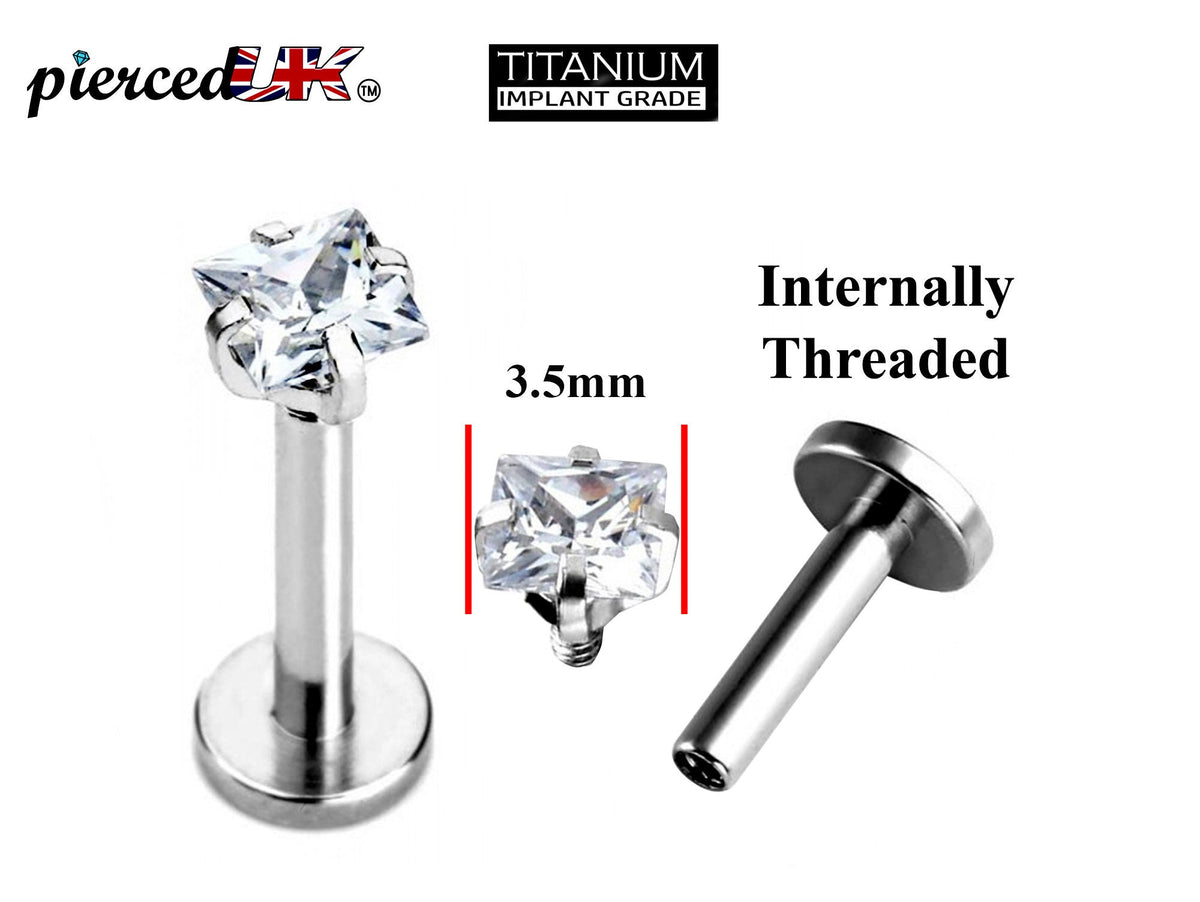 Titanium Labret Stud: Square Crystal Lip, Helix, Tragus Piercing (16g-1.2mm)