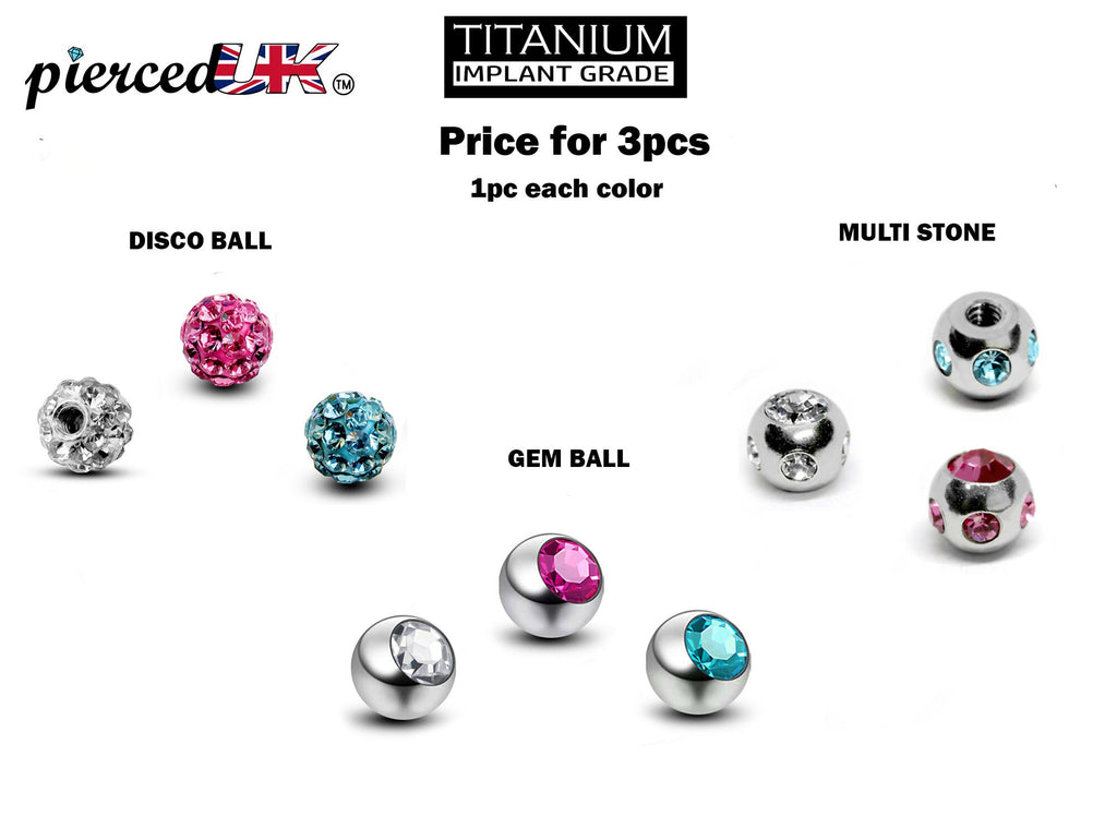 Titanium Crystal Piercing Balls: Lip Labret, Barbell Attachment - 3pcs