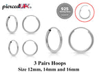 Sterling Silver Hoop Earrings Set: Gold, Rose Gold, 12-16mm (3 Pairs)