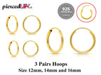 Sterling Silver Hoop Earrings Set: Gold, Rose Gold, 12-16mm (3 Pairs)