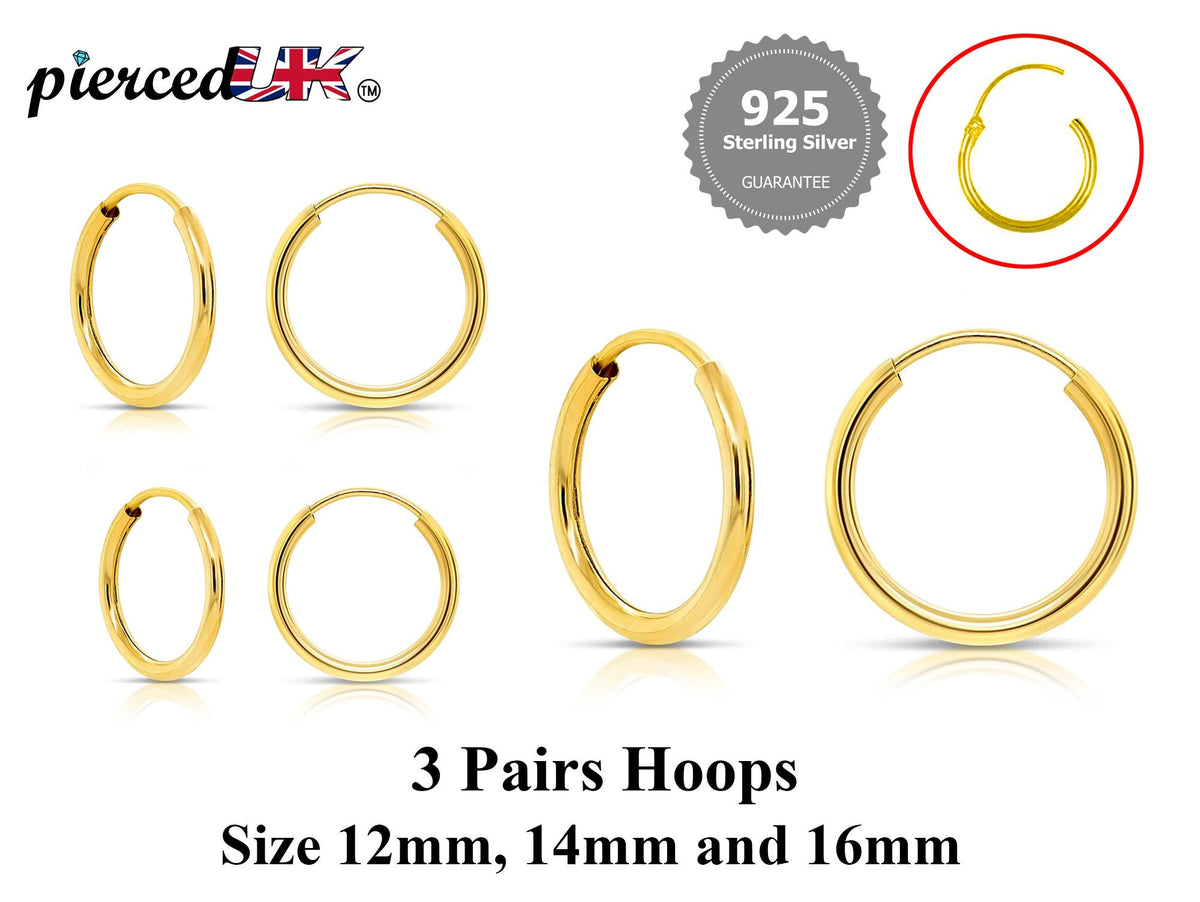Sterling Silver Hoop Earrings Set: Gold, Rose Gold, 12-16mm (3 Pairs)