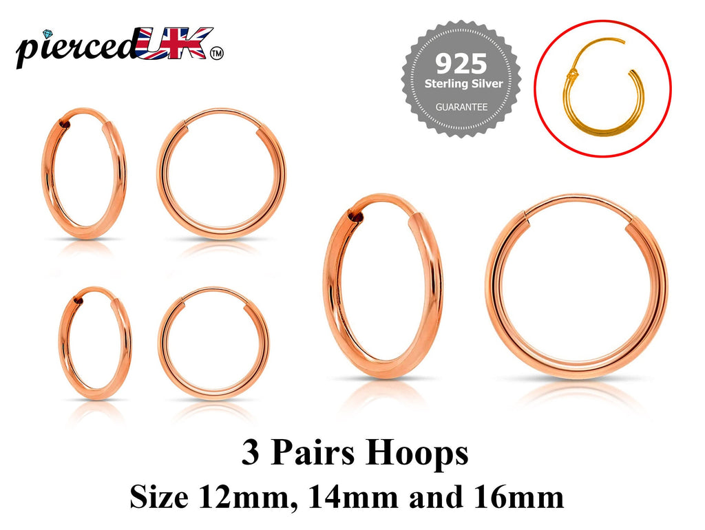 Sterling Silver Hoop Earrings Set: Gold, Rose Gold, 12-16mm (3 Pairs)