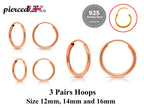 Sterling Silver Hoop Earrings Set: Gold, Rose Gold, 12-16mm (3 Pairs)