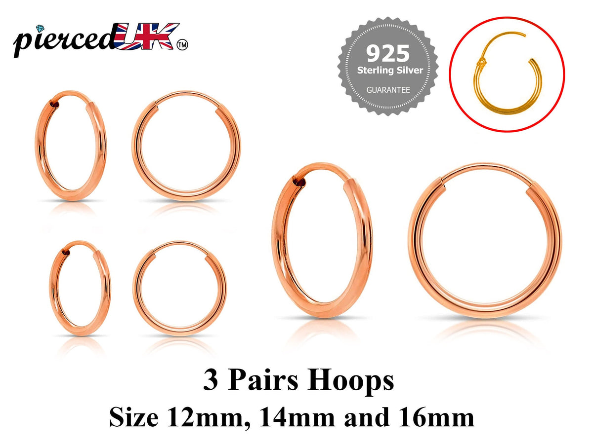 Sterling Silver Hoop Earrings Set: Gold, Rose Gold, 12-16mm (3 Pairs)