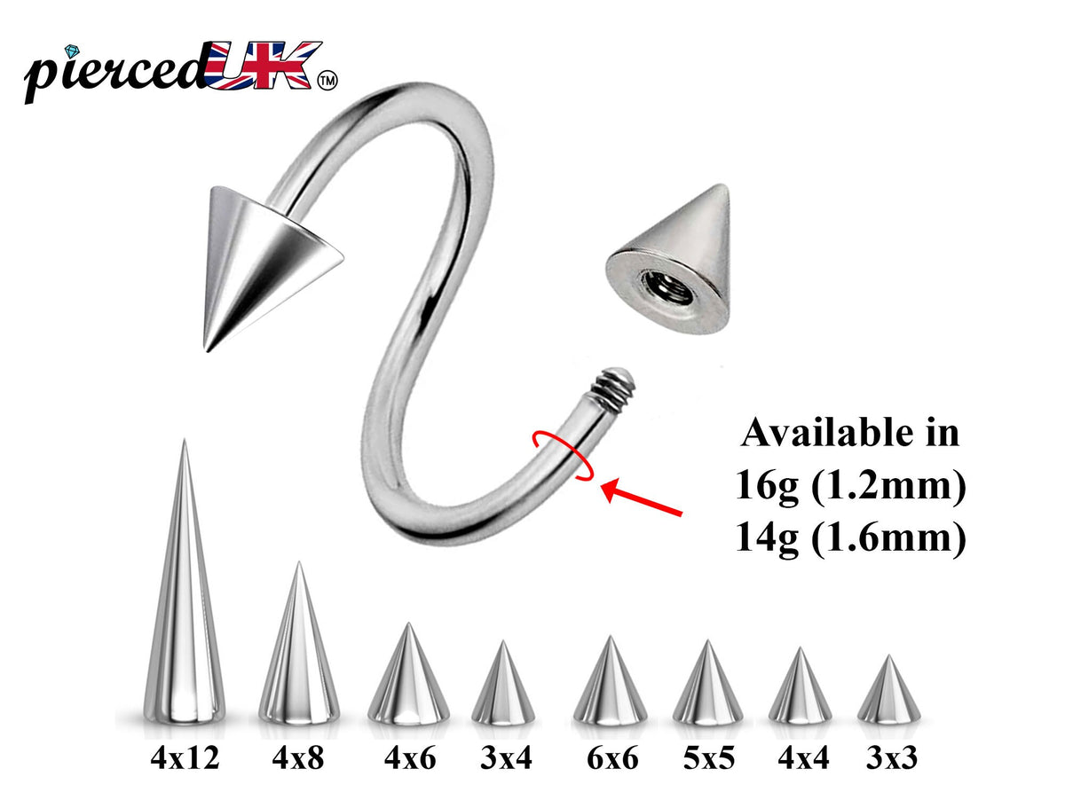 Spike Cone Surgical Steel Spiral Barbell: Eyebrow, Nipple, Conch Piercing