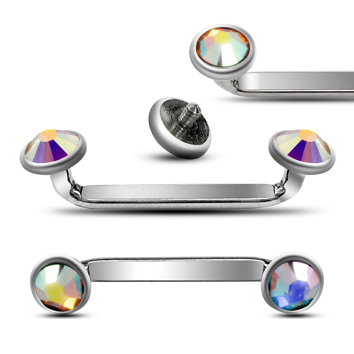 Titanium Staple Barbell: Flat Surface Dermal Piercing with Pyramid Crystal