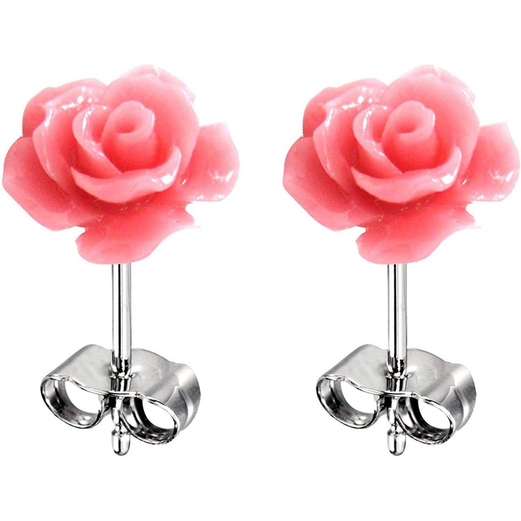 Resin Rose Stud Earrings: Stainless Steel Flower Jewelry (10mm)