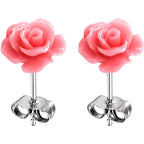 Resin Rose Stud Earrings: Stainless Steel Flower Jewelry (10mm)