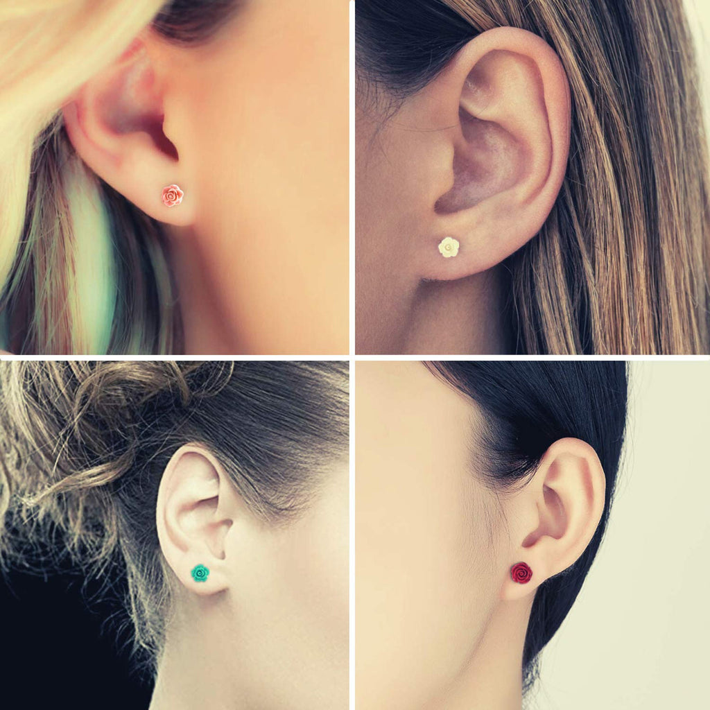Resin Rose Stud Earrings: Stainless Steel Flower Jewelry (10mm)