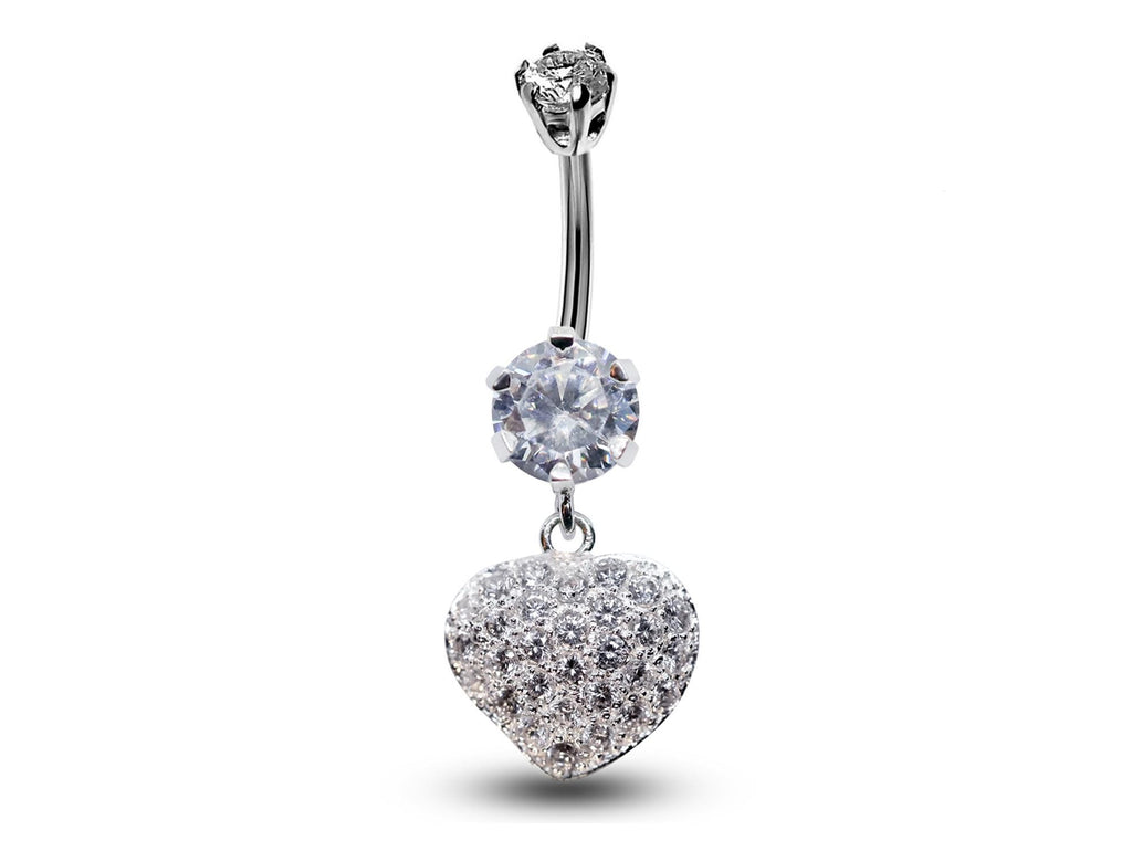 Silver Heart Dangle Belly Ring: CZ Crystal Navel Jewelry (16g)