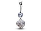 Silver Heart Dangle Belly Ring: CZ Crystal Navel Jewelry (16g)