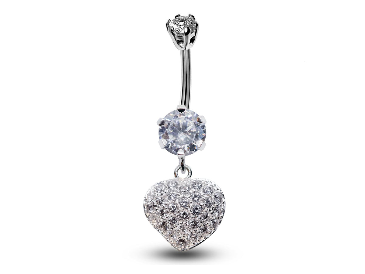 Silver Heart Dangle Belly Ring: CZ Crystal Navel Jewelry (16g)