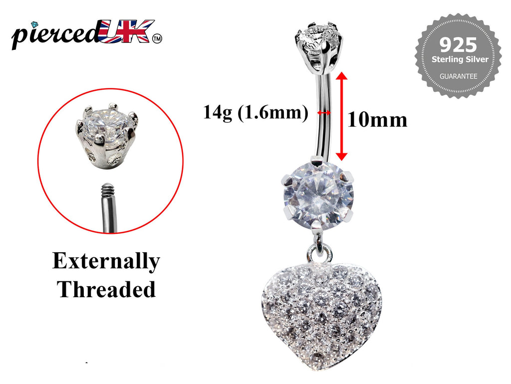 Silver Heart Dangle Belly Ring: CZ Crystal Navel Jewelry (16g)