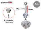 Silver Heart Dangle Belly Ring: CZ Crystal Navel Jewelry (16g)