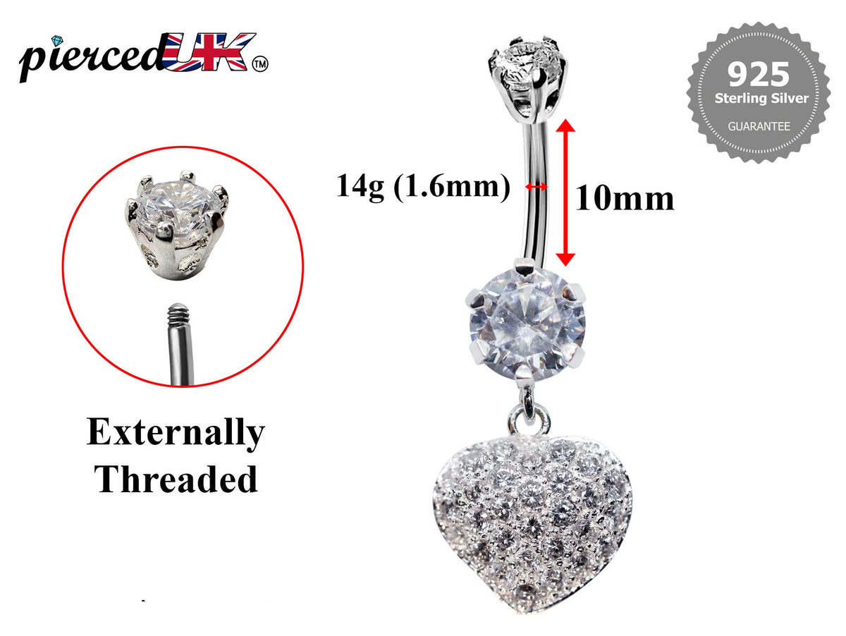 Silver Heart Dangle Belly Ring: CZ Crystal Navel Jewelry (16g)