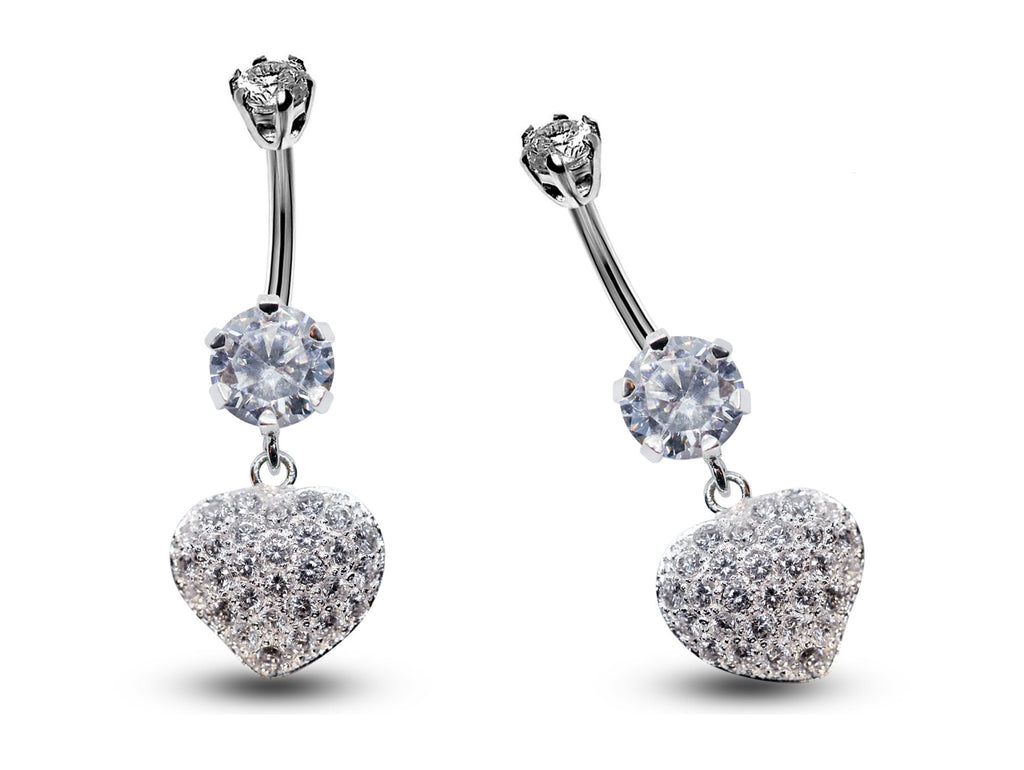 Silver Heart Dangle Belly Ring: CZ Crystal Navel Jewelry (16g)
