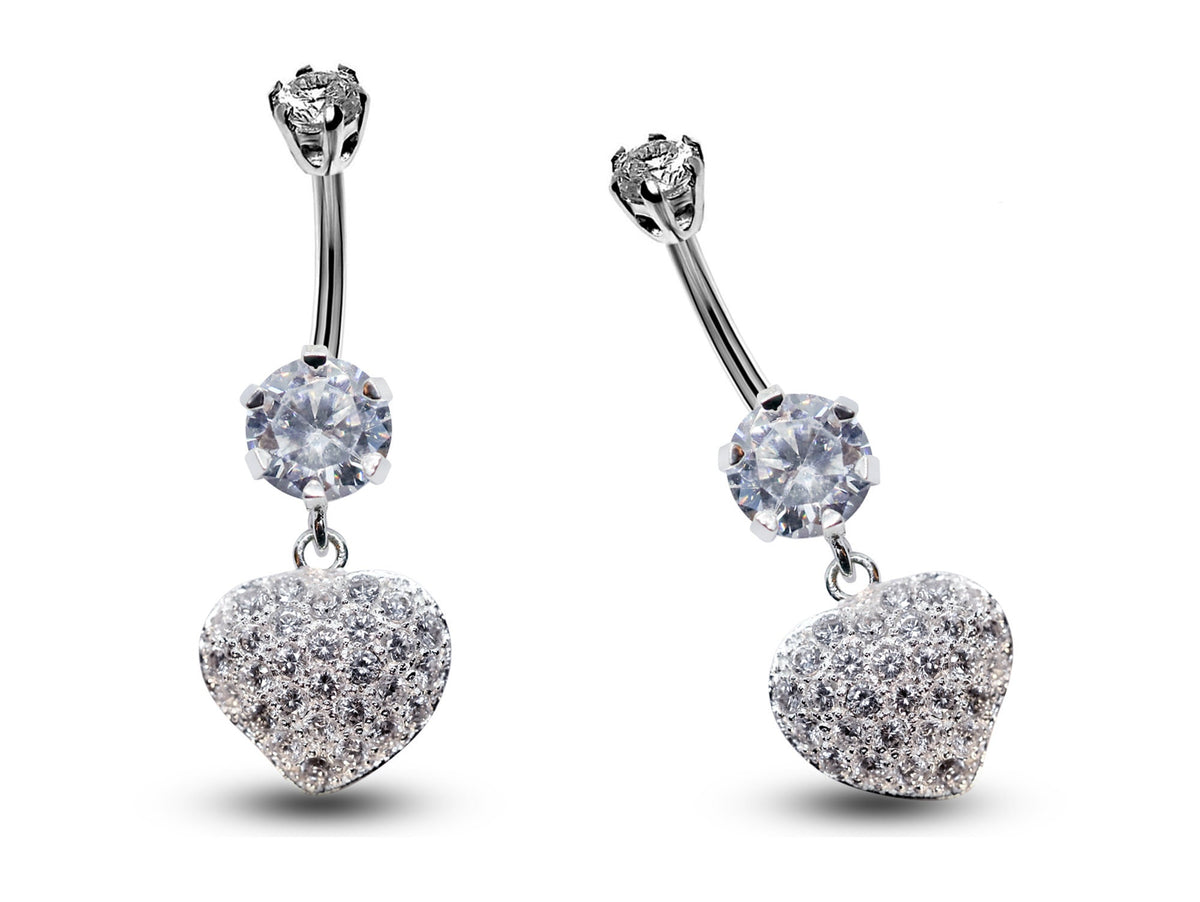 Silver Heart Dangle Belly Ring: CZ Crystal Navel Jewelry (16g)