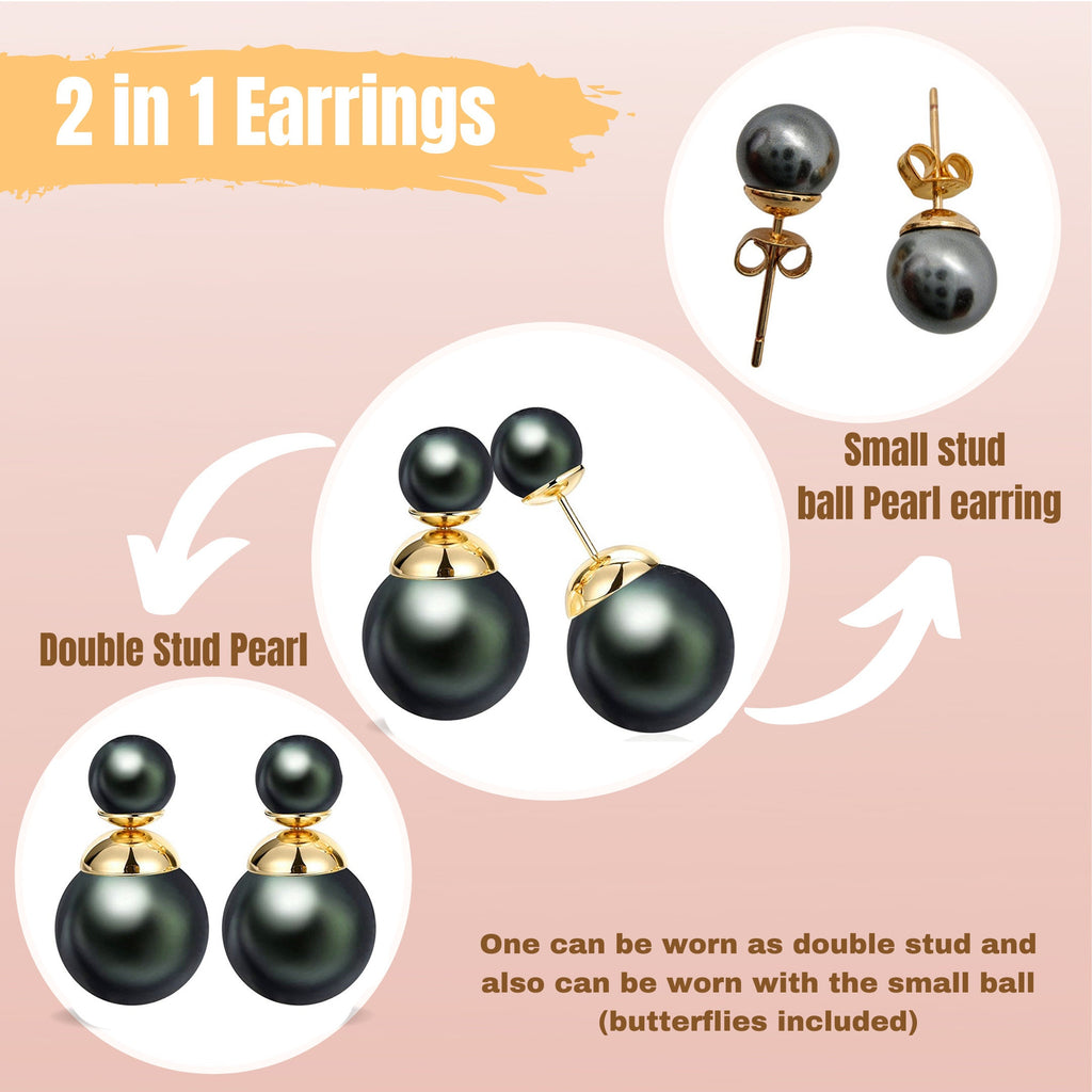 Double Pearl Earrings: Dark Grey Front Back Ear Jacket