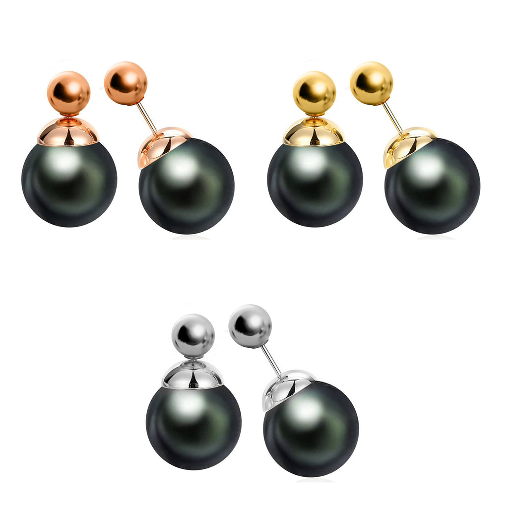Double Pearl Earrings: Dark Grey Front Back Ear Jacket