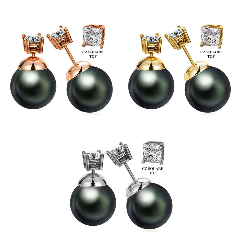 Double Pearl Earrings: Dark Grey Front Back Ear Jacket