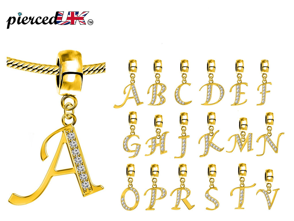 Gold Initial Charm: Sterling Silver Alphabet Letter with CZ Crystals