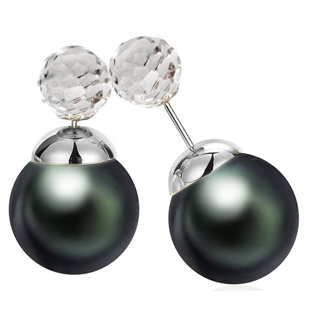 Double Pearl Earrings: Dark Grey Front Back Ear Jacket
