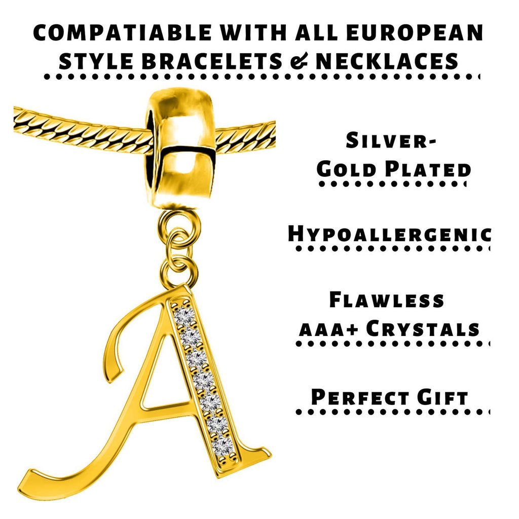 Gold Initial Charm: Sterling Silver Alphabet Letter with CZ Crystals