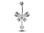 Butterfly Dangle Belly Ring: Surgical Steel Navel Bar with CZ Crystals