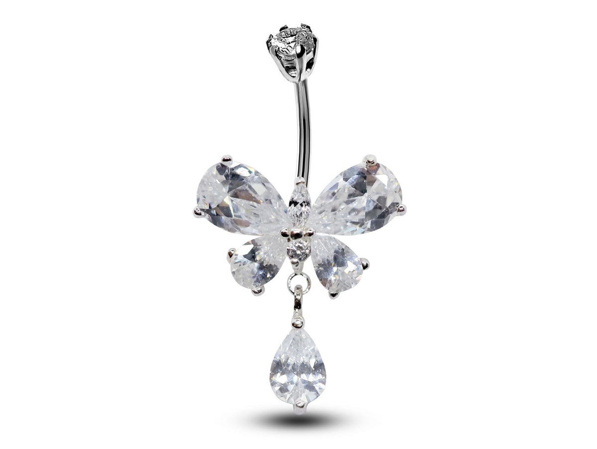 Butterfly Dangle Belly Ring: Surgical Steel Navel Bar with CZ Crystals