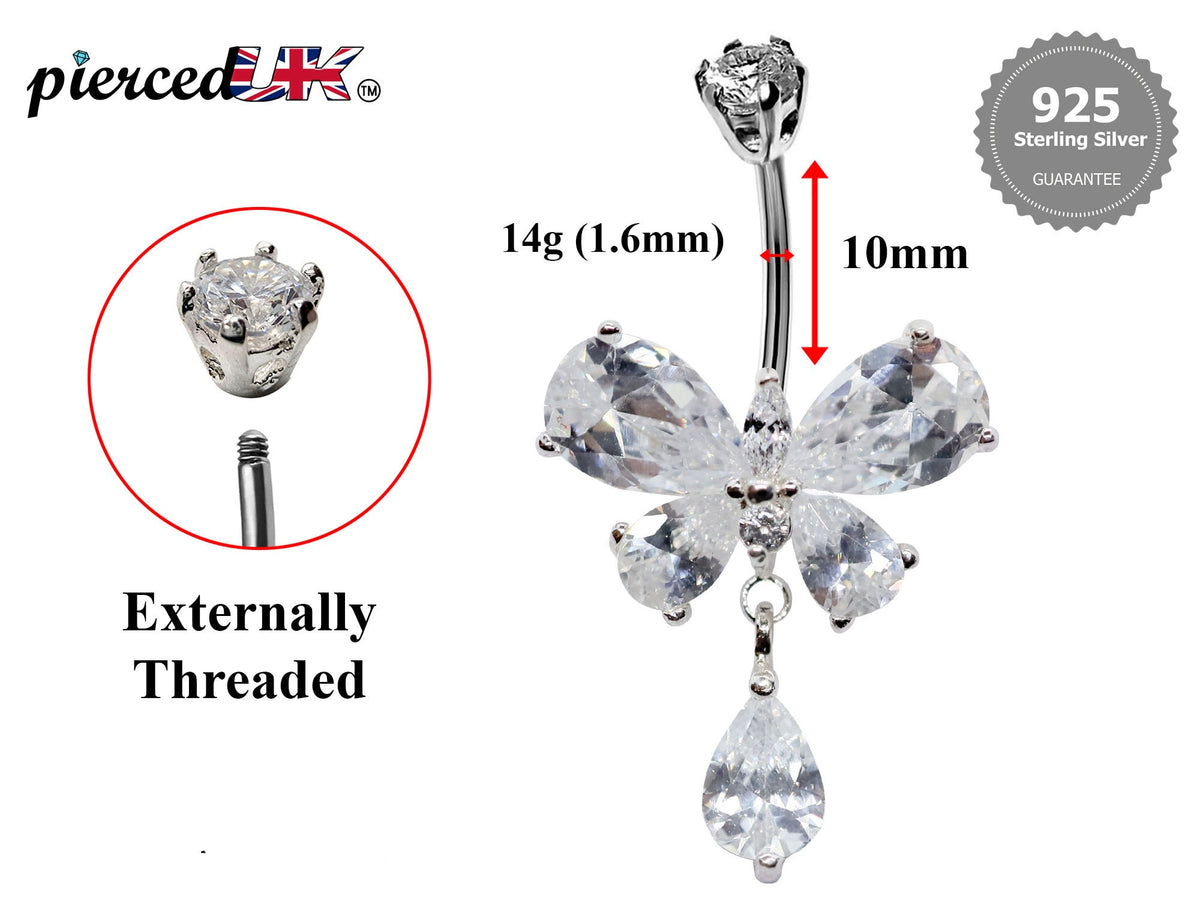 Butterfly Dangle Belly Ring: Surgical Steel Navel Bar with CZ Crystals