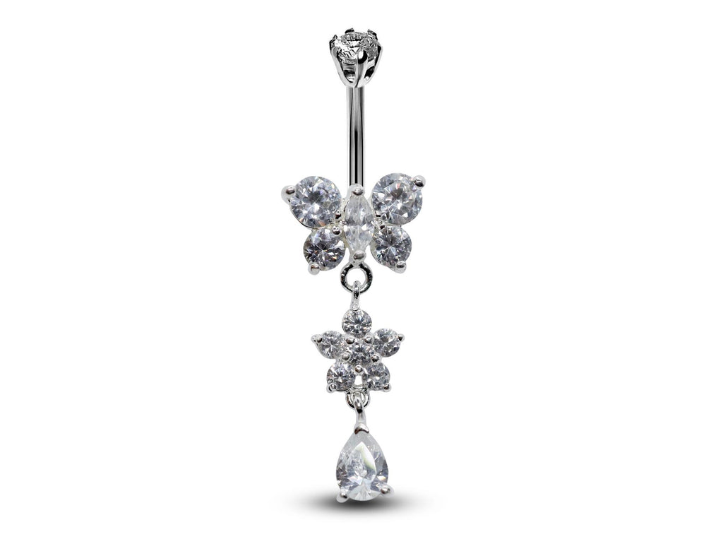 Butterfly Dangle Belly Ring: CZ Crystal Navel Piercing, 16g